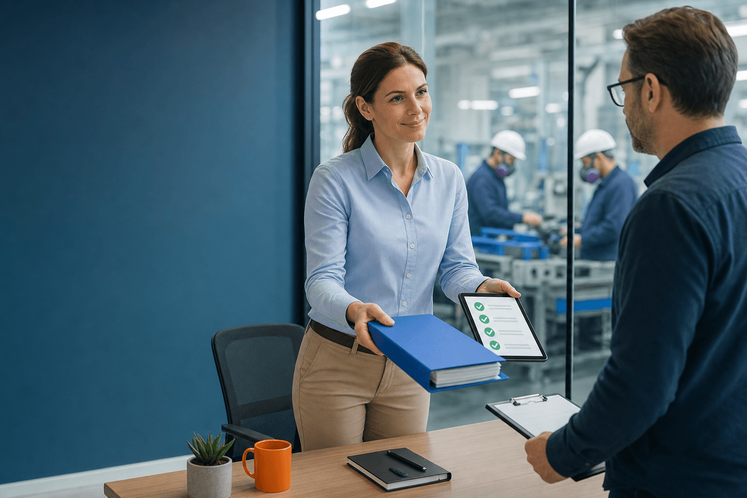 A VestMed program lead hands an audit-ready records binder and a tablet of cleared results to a safety manager, with a respirator-equipped production floor behind them.