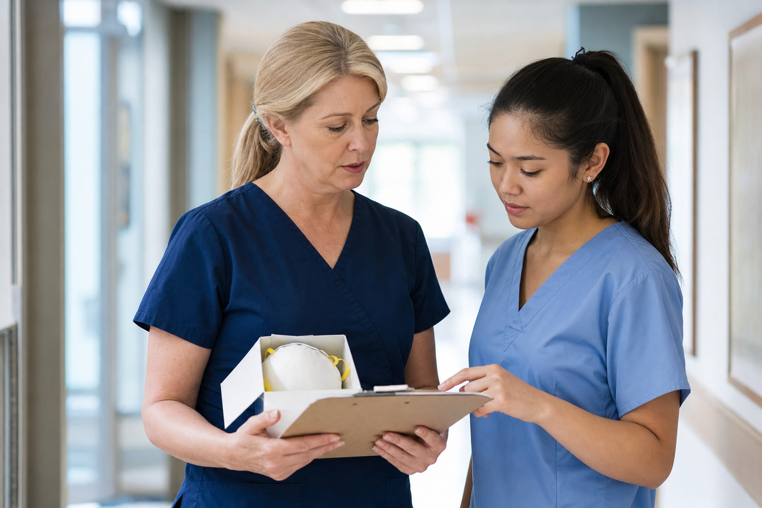 Nurse manager reviewing a fit testing checklist with a caregiver in a senior living corridor