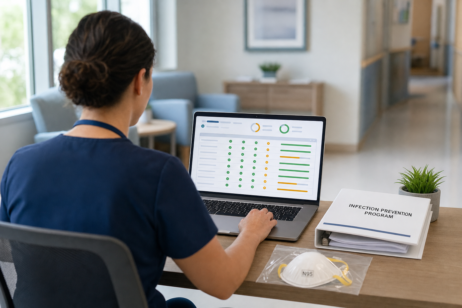 Infection preventionist reviewing a respiratory protection compliance dashboard in a nursing home office