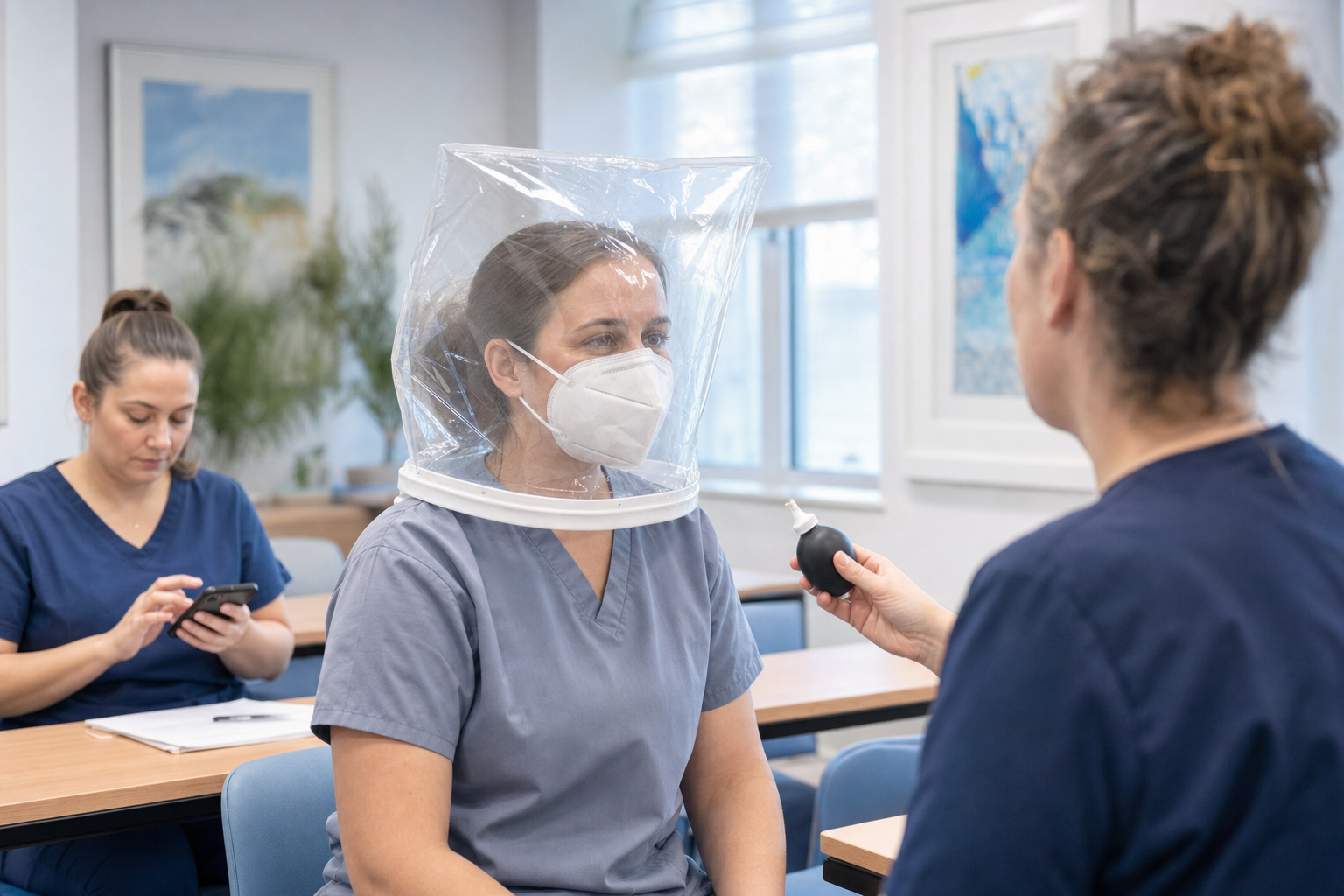 Qualitative N95 fit test in progress in a senior living staff training room