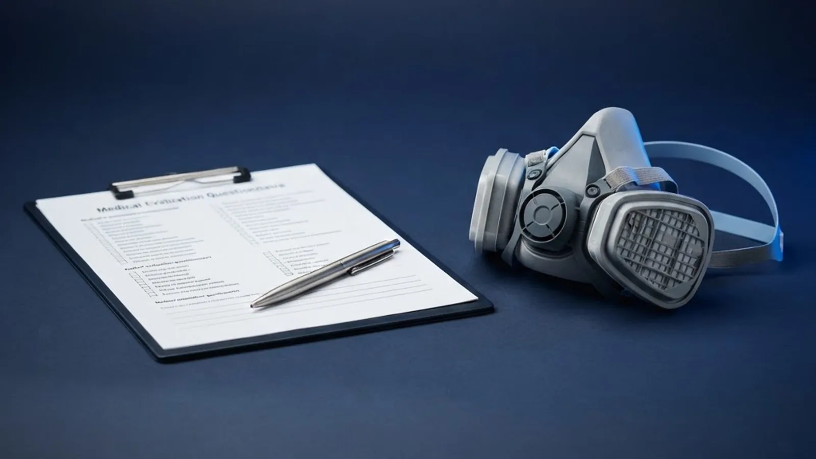 Printed respirator Medical Evaluation Questionnaire on a clipboard beside a half-mask elastomeric respirator with filter cartridges