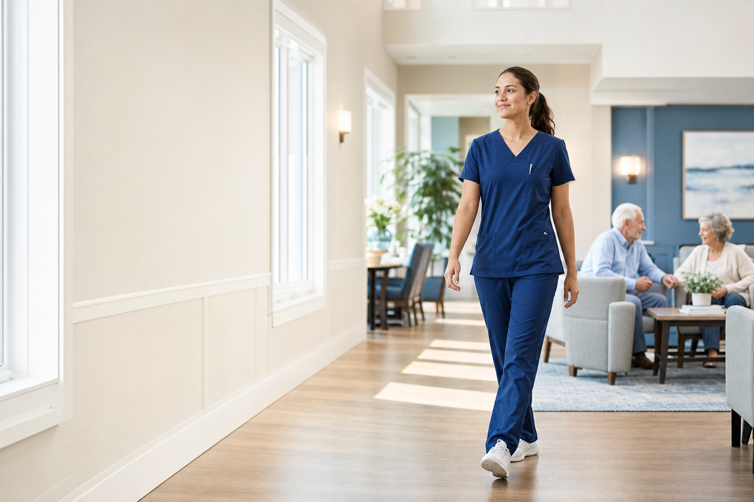 Caregiver walking through a senior living community while residents sit in a common area