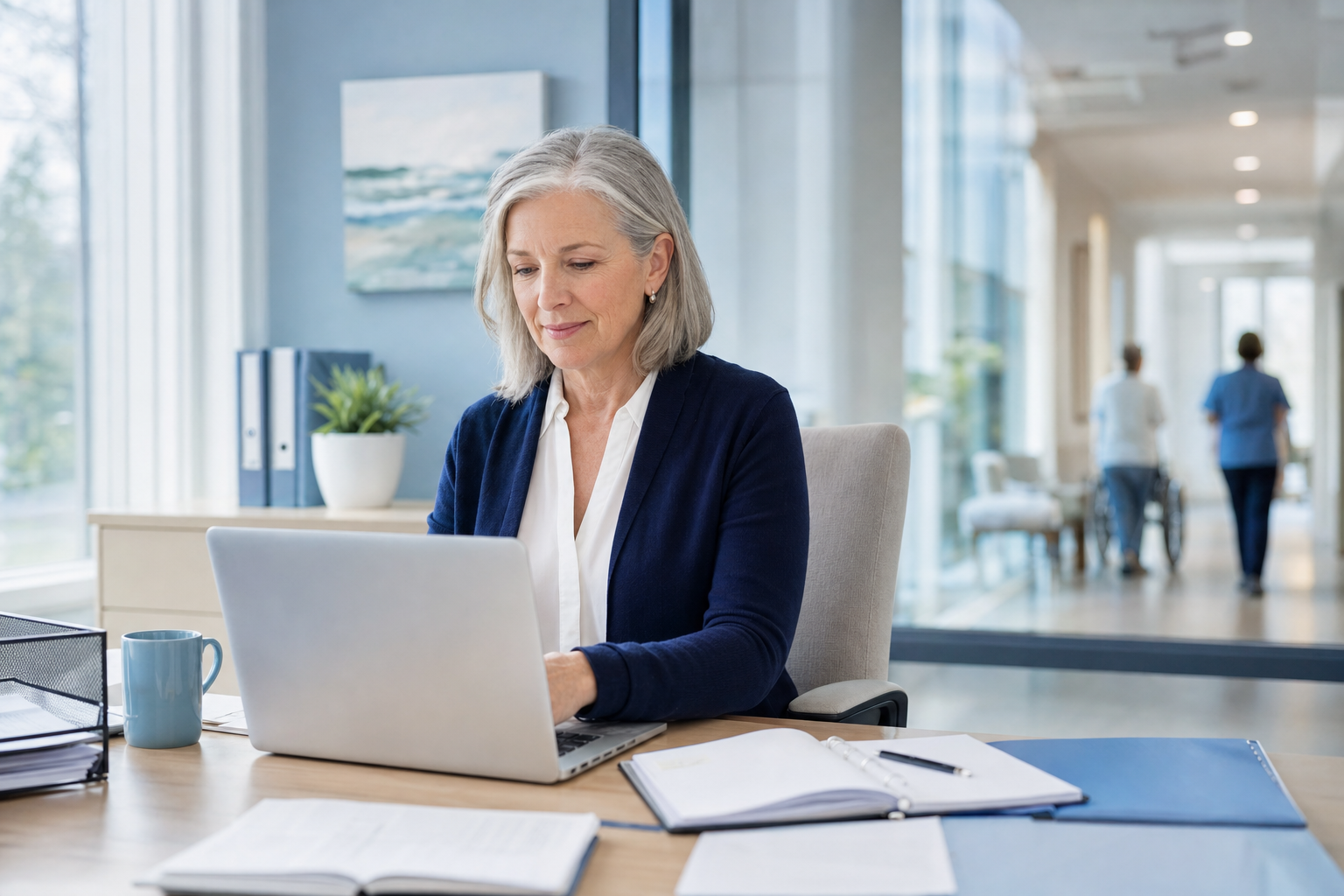 Senior living administrator reviewing compliance records on a laptop