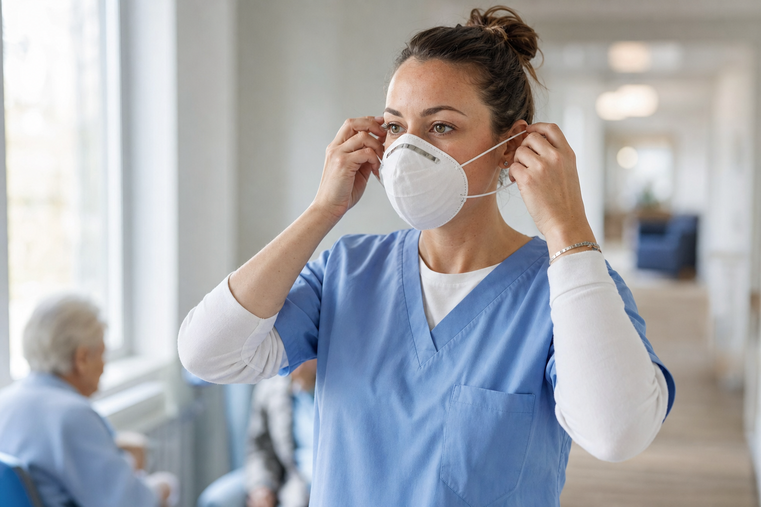 Senior living caregiver fitting an N95 respirator before resident care